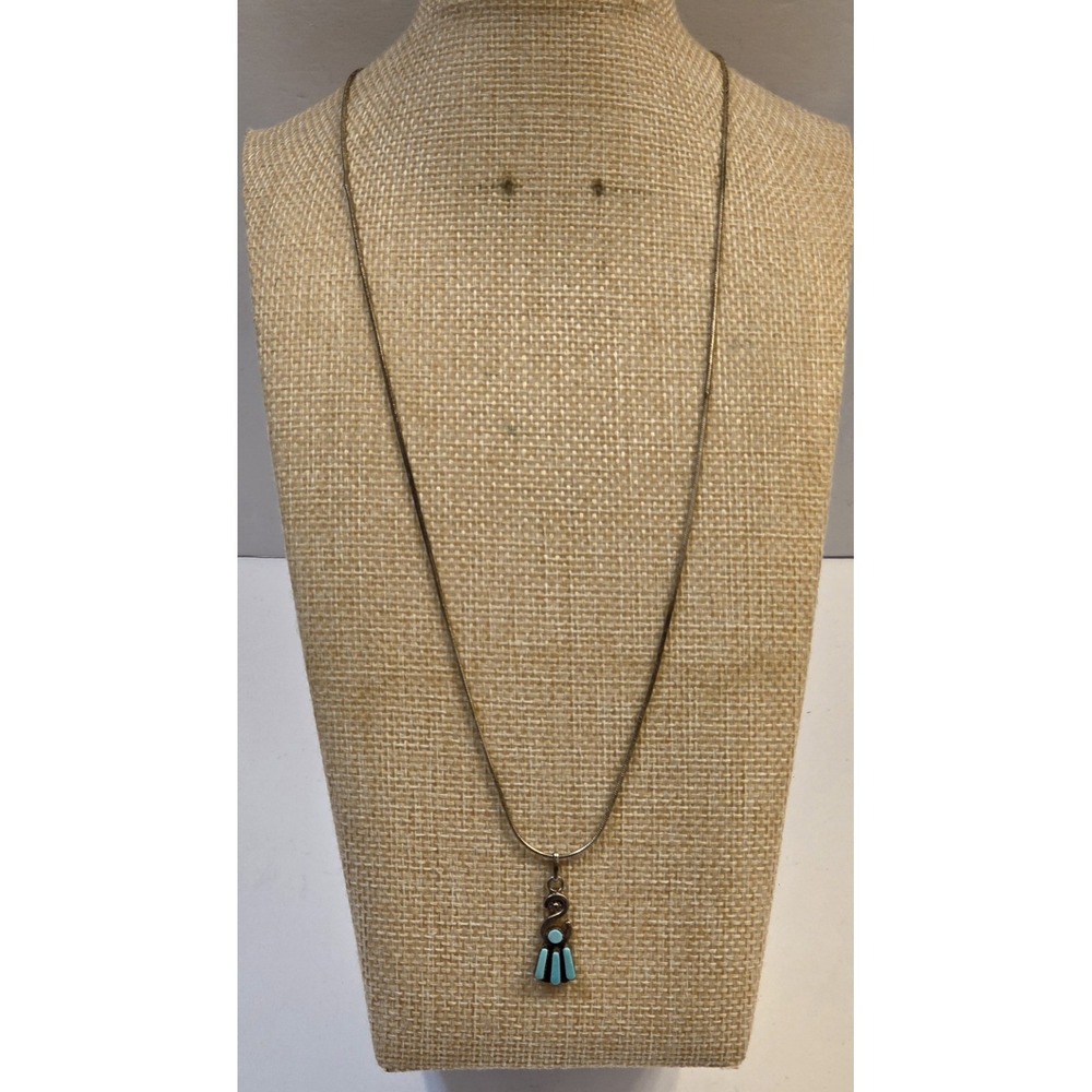 Unique Vintage Sterling Silver Navajo Turquoise Pendant Necklace 19"